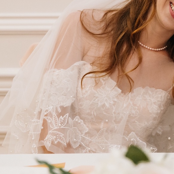 Wedding Dress - SIZE 2, fits XXS-S w/ pearl-detail shawl and elbow-length veil - Picture 6 of 9